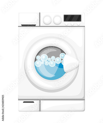 Working washing machine. White household appliances. Water and soap bubbles. Flat vector illustration isolated on white background
