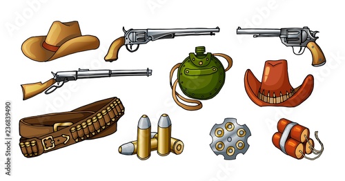 Colored vector illustrations of wild west weapons and items isolated on white