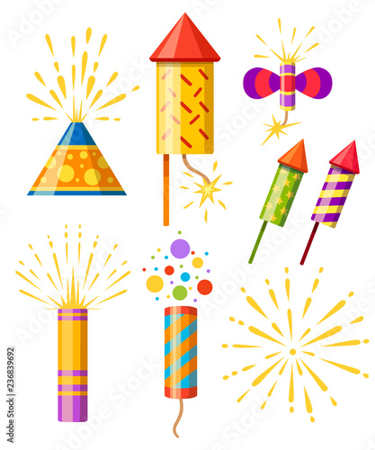 Collection of firecracker. Pyrotechnic colorful icon set. Firework for New Year celebration. Flat vector illustration isolated on white background