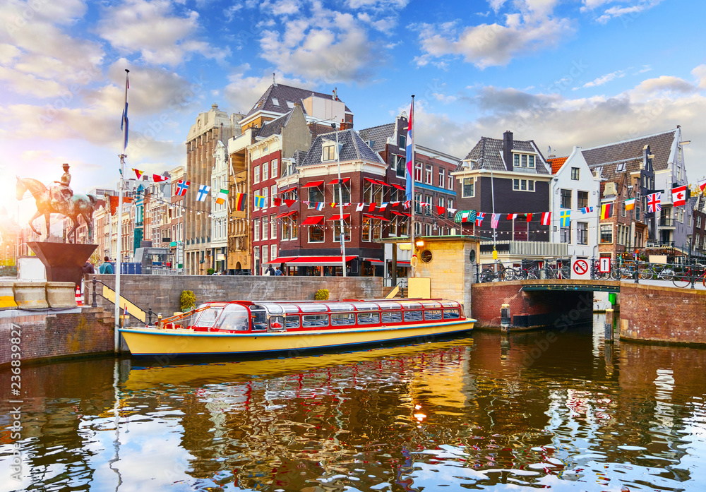 Amsterdam Channel, Netherlands. Traditional dutch houses, bridge