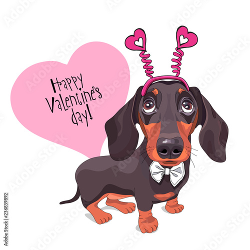 Card of a Valentine's Day. Dachshund Dog in a fun heart headband and in a bow tie. Vector illustration.