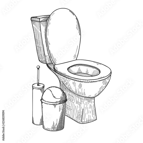 Sketch of toilet bowl and other toiletries isolated on white background.