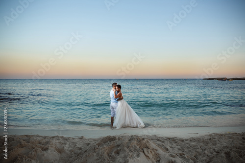 Canvas Print Beautiful smiling young bride and groom walking on the beach, kissing and having fun, wedding ceremony near the rocks and sea