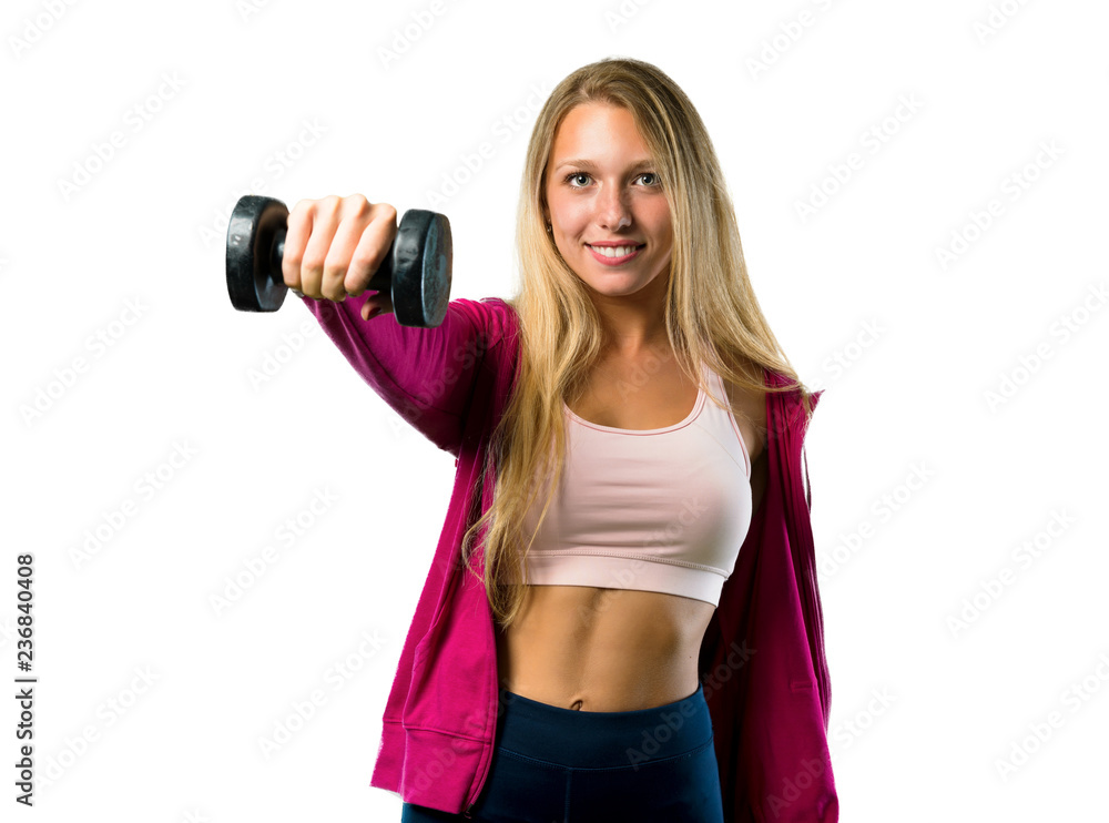 Pretty sport woman making weightlifting on isolated white background Pretty sport woman making weightlifting on isolated white background
