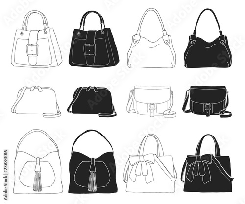 Set of different bags, men, women and unisex. Bags isolated on white background. Vector illustration in sketch style