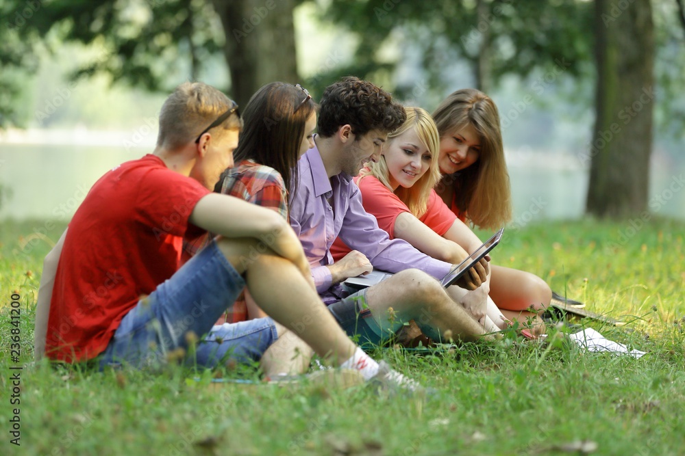 group of students with a laptop sitting on the grass in the Park group of students with a laptop sitting on the grass in the Park