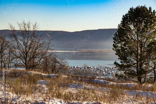 winter  clear  day  blue  sky  forest  trees  river  village