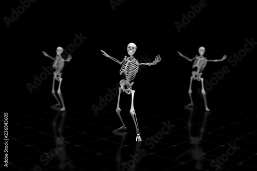 Three dancing skeletons on an isolated black background with reflective floor, 3d illustration © flashmovie