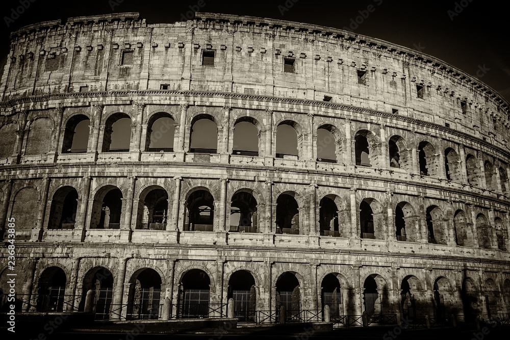 Coliseum in Rome, black and white photo, retro style