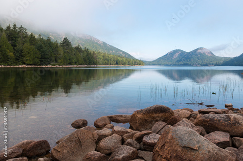 A landscape view of the Bubbles from Jordan Pond in Acadia National Park in Maine.