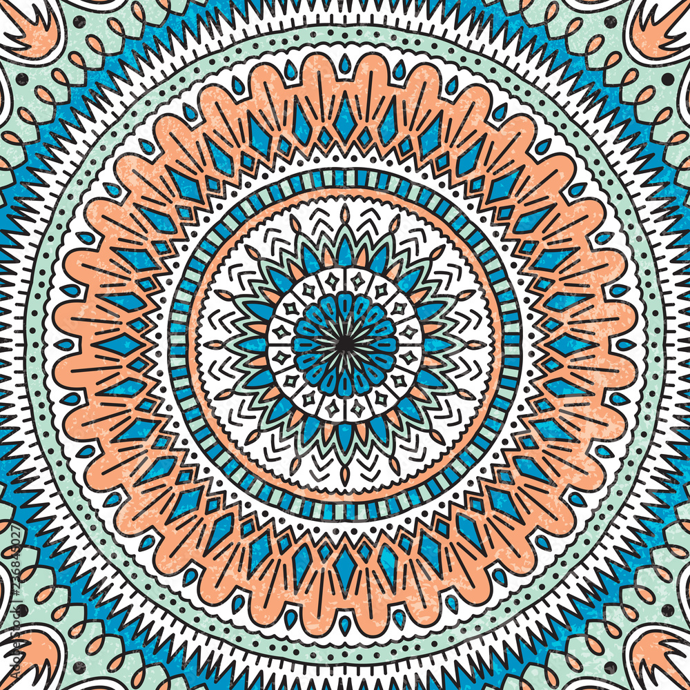 Mandala. Vector background. Blue, white and coral colors. The circular pattern. Texture. Vintage.