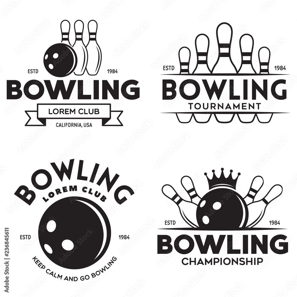 Set of vector vintage monochrome style bowling logo, icons and symbol ...