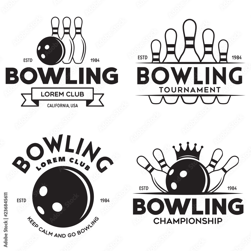 Set of vector vintage monochrome style bowling logo, icons and symbol