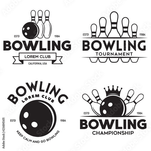 Set of vector vintage monochrome style bowling logo, icons and symbol. Bowling ball and bowling pins illustration. Trendy design elements.