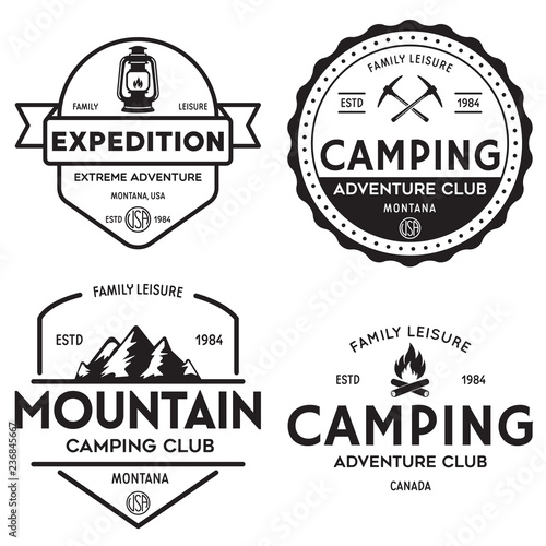 Summer camp with design elements. Camping and outdoor adventure emblems. Vintage typography design with mountain, lamp and campfire silhouette.