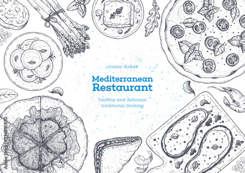 Mediterranean cuisine top view frame. A set of mediterranean dishes . Food menu design template. Vintage hand drawn sketch vector illustration