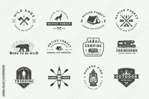 Set of vintage camping outdoor and adventure logos, badges, labels, emblems, marks and design elements. Graphic Art. Vector Illustration.