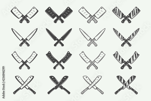 Set of vintage butchery meat, steak or bbq logos, emblems, badges, labels. Graphic Art. Illustration.