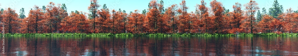 Panorama of the forest over the lake, trees over the water,
Panorama of the forest over the lake, trees over the water,
