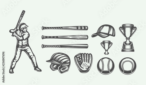 Set of vintage retro baseball elements. Can be used for logos, emblems, badges and other projects. Monochrome graphic Art. Vector Illustration