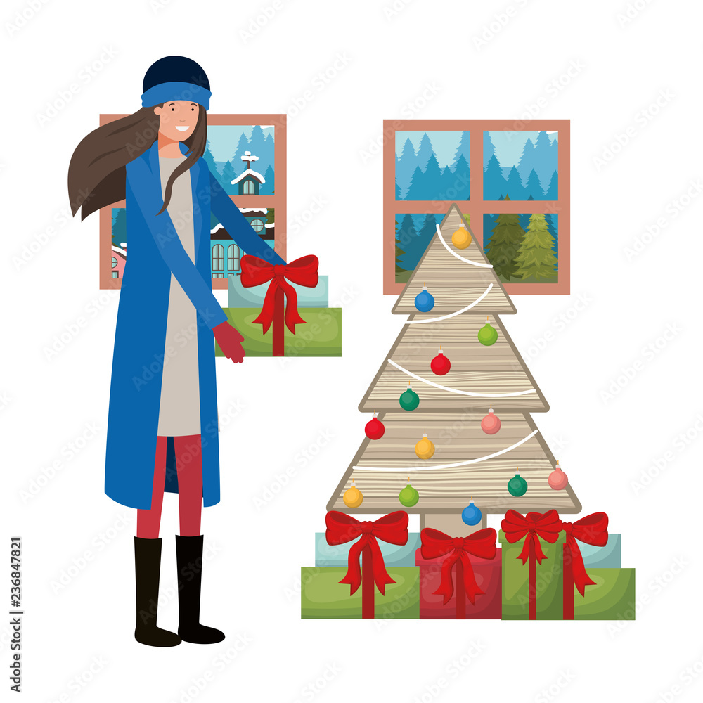 woman with christmas tree and landscape view woman with christmas tree and landscape view