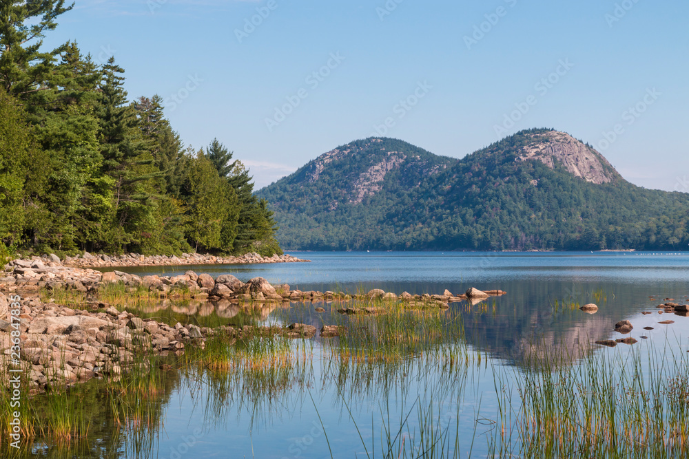 A landscape view of the Bubbles from Jordan Pond in Acadia National Park in Maine.