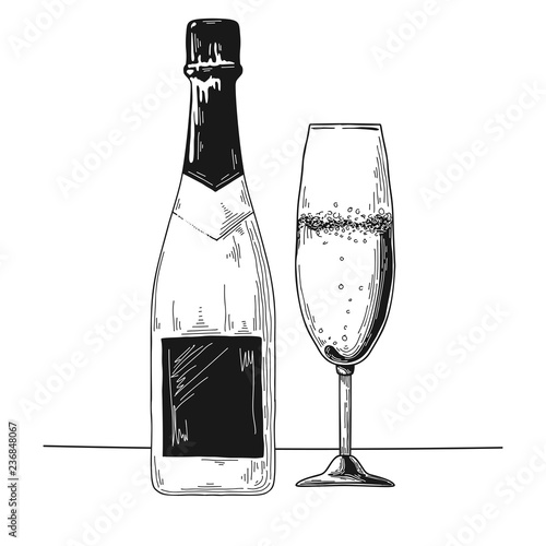 Bottle of champagne and glass. Vector illustration.