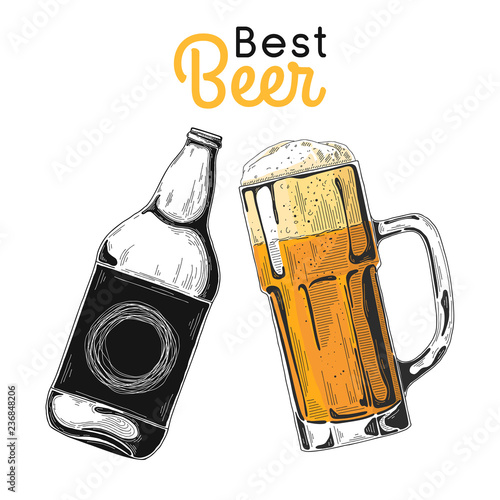 Bottle of beer. Glass with beer. Best beer. Vector illustration of a sketch style.