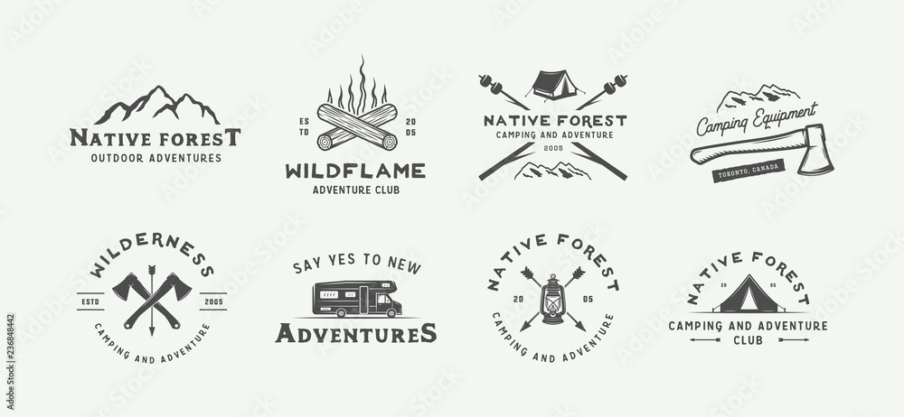 Set of vintage camping outdoor and adventure logos, badges, labels, emblems, marks and design elements. Graphic Art. Vector Illustration.