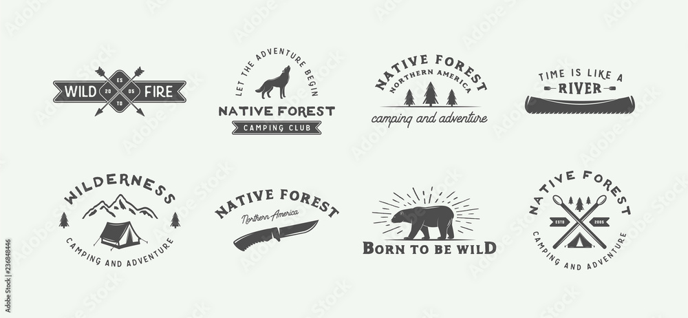 Set of vintage camping outdoor and adventure logos, badges, labels, emblems, marks and design elements. Graphic Art. Vector Illustration. - obrazy, fototapety, plakaty 