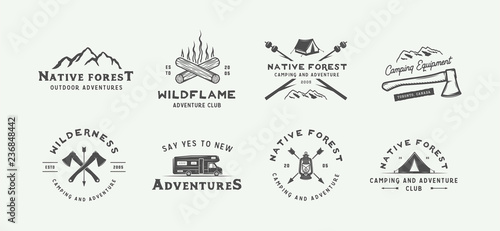 Set of vintage camping outdoor and adventure logos, badges, labels, emblems, marks and design elements. Graphic Art. Vector Illustration. photo