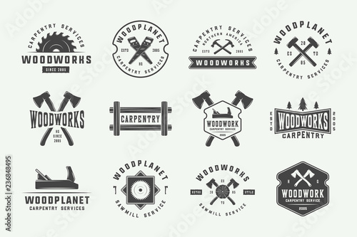 Set of vintage carpentry, woodwork labels, badges, emblems and logo. Vector illustration. Monochrome Graphic Art.
