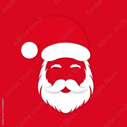Santa Claus in hat on red background. Santa Claus's face silhouette with lush beard, mustaches and eyebrows