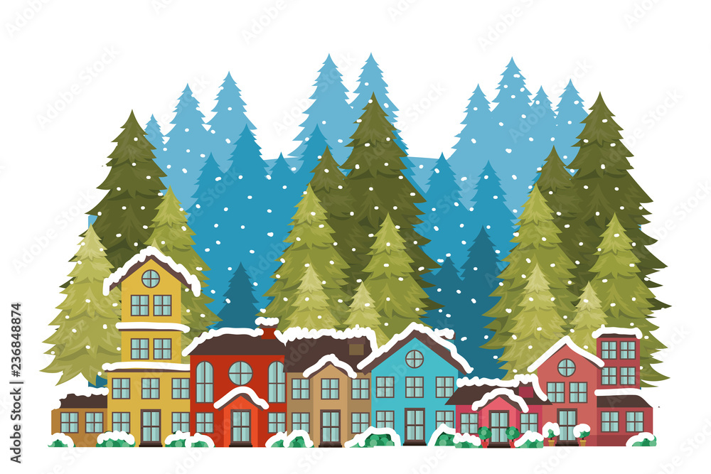 neighborhood with pine trees and snow isolated icon