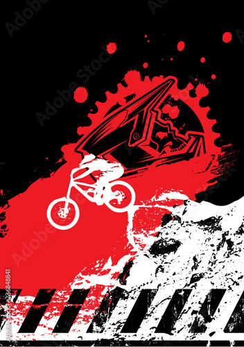 Extreme mountain biking design. Downhill, freeride,slopestyle,enduro. Jumping on bike. Gravity MTB. Vector 