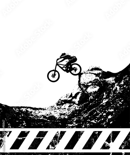 Extreme mountain biking design. Downhill, freeride,slopestyle,enduro. Jumping on bike. Gravity MTB. Vector 