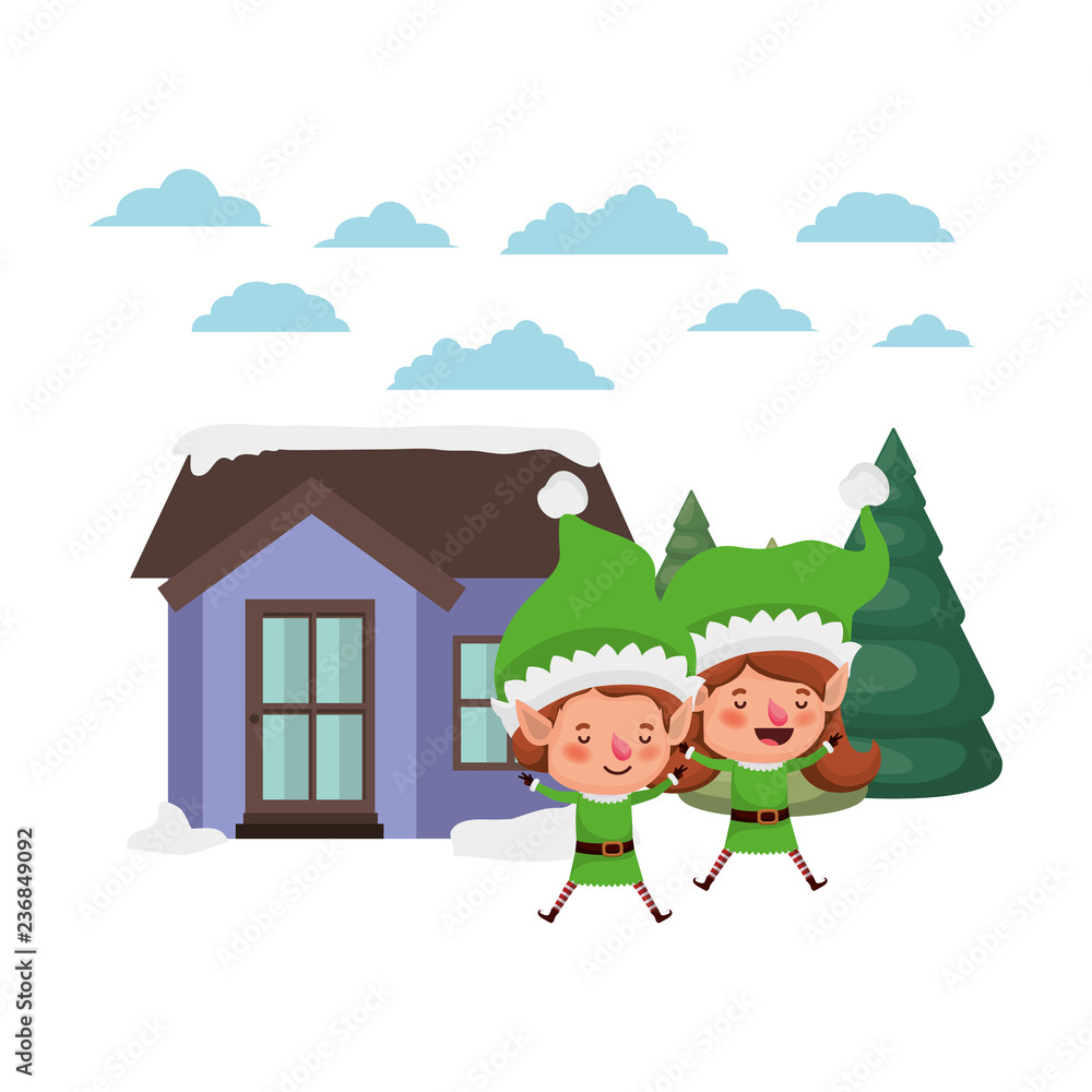 house with pine trees and couple of elves