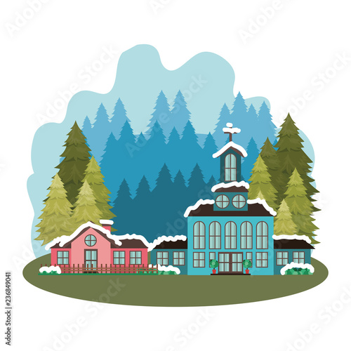 church in neighborhood with pines falling snow avatar character