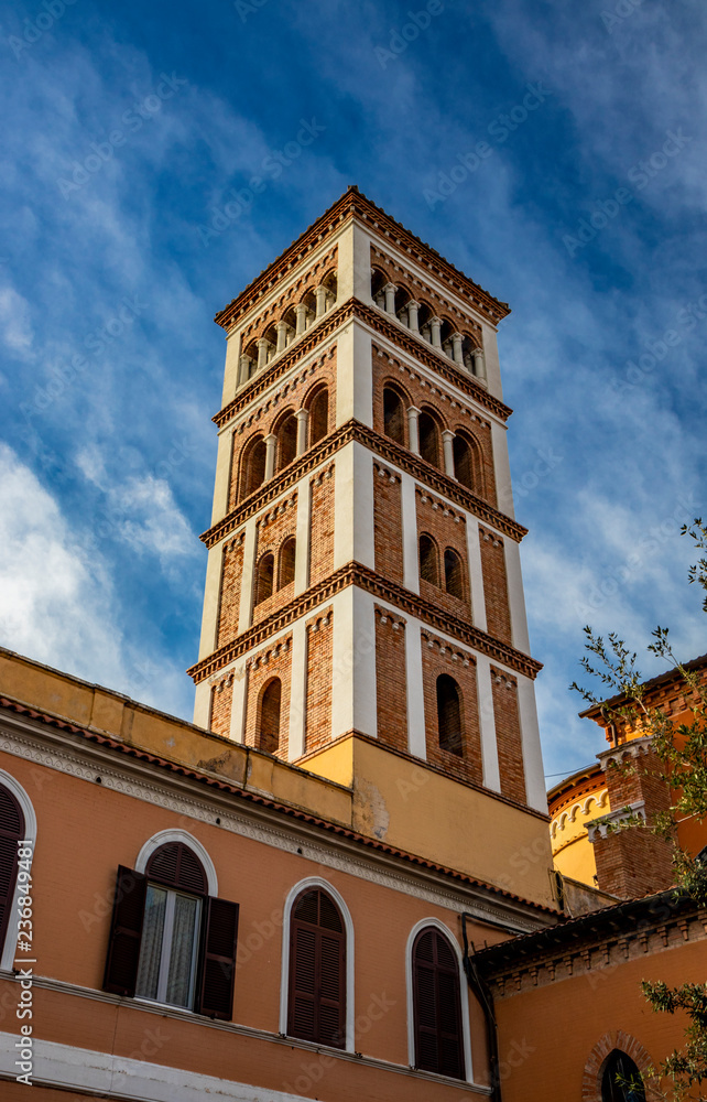 The bell tower. The Parish Church of the Sacred Heart of Jesus, Sacro Cuore di Gesù, in Grottaferrata, in the province of Rome, near Frascati.