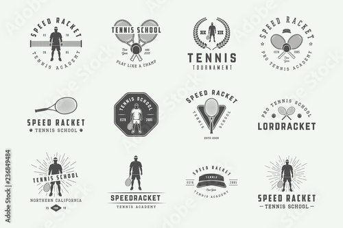 Set of vintage tennis logos, emblems, badges, labels and design elements. Vector illustration. Monochrome Graphic Art.
