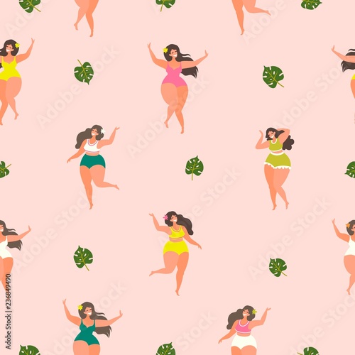 Fototapeta Naklejka Na Ścianę i Meble -  Seamless pattern with plus size girls and tropical leaves. Pattern for Wallpaper, textile, print, packaging and other.