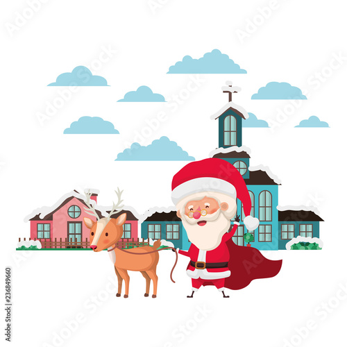 church in neighborhood and santa claus with reindeer