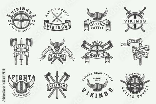 Set of vintage vikings motivational logo, label, emblem, badge in retro style with quote. Monochrome Graphic Art. Vector Illustration.