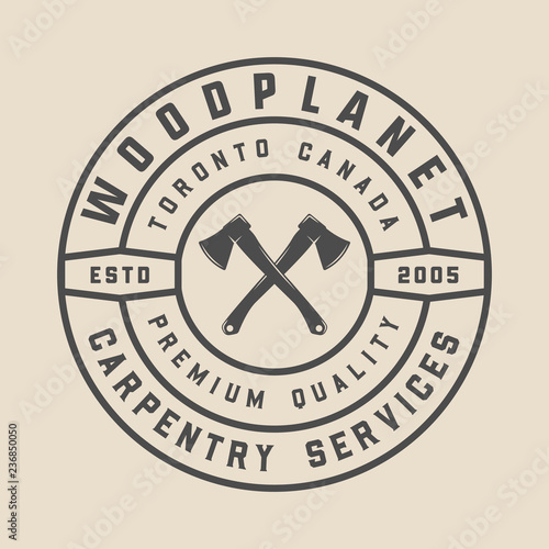 Vintage carpentry, woodwork and mechanic label, badge, emblem and logo. Vector illustration. Monochrome Graphic Art.