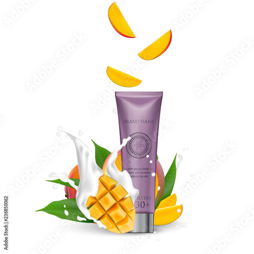 Organic Cosmetic luxury packaging, plastic tube. Cosmetics cream  magazine ads product with mango fruit. 3d Realistic packaging body scrub. Splashing cream milk.  Label design  illustration.