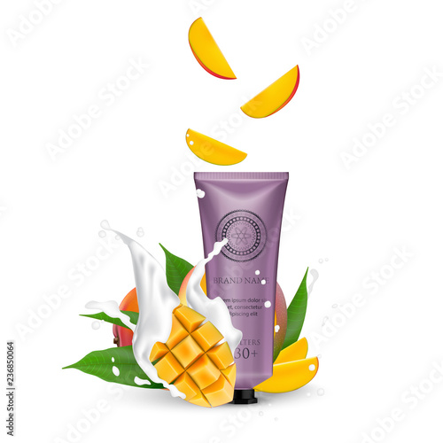 Organic Cosmetic luxury packaging, plastic tube. Cosmetics cream  magazine ads product with mango fruit. 3d Realistic packaging body scrub. Splashing cream milk.  Label design  illustration.
