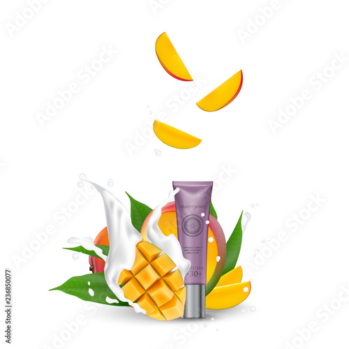 Organic Cosmetic luxury packaging, plastic tube. Cosmetics cream  magazine ads product with mango fruit. 3d Realistic packaging body scrub. Splashing cream milk.  Label design  illustration.
