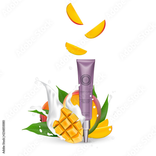 Organic Cosmetic luxury packaging, plastic tube. Cosmetics cream  magazine ads product with mango fruit. 3d Realistic packaging body scrub. Splashing cream milk.  Label design  illustration.