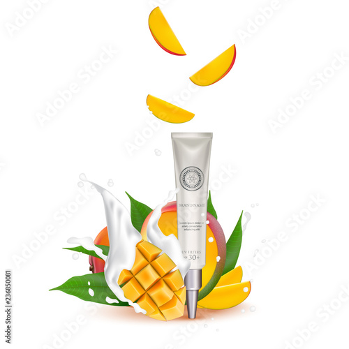 Organic Cosmetic luxury packaging, plastic tube. Cosmetics cream  magazine ads product with mango fruit. 3d Realistic packaging body scrub. Splashing cream milk.  Label design  illustration.