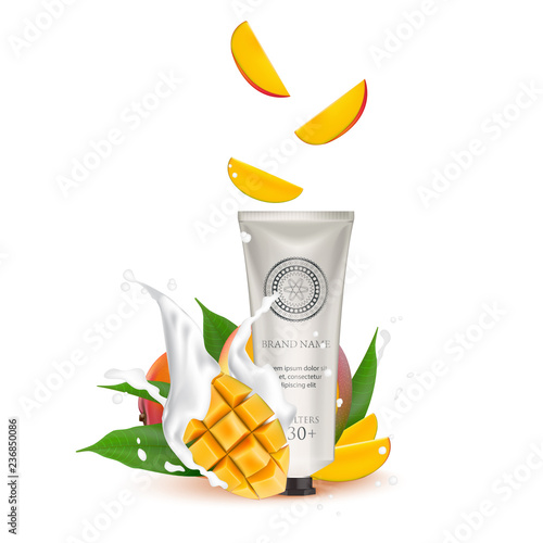 Organic Cosmetic luxury packaging, plastic tube. Cosmetics cream  magazine ads product with mango fruit. 3d Realistic packaging body scrub. Splashing cream milk.  Label design  illustration.